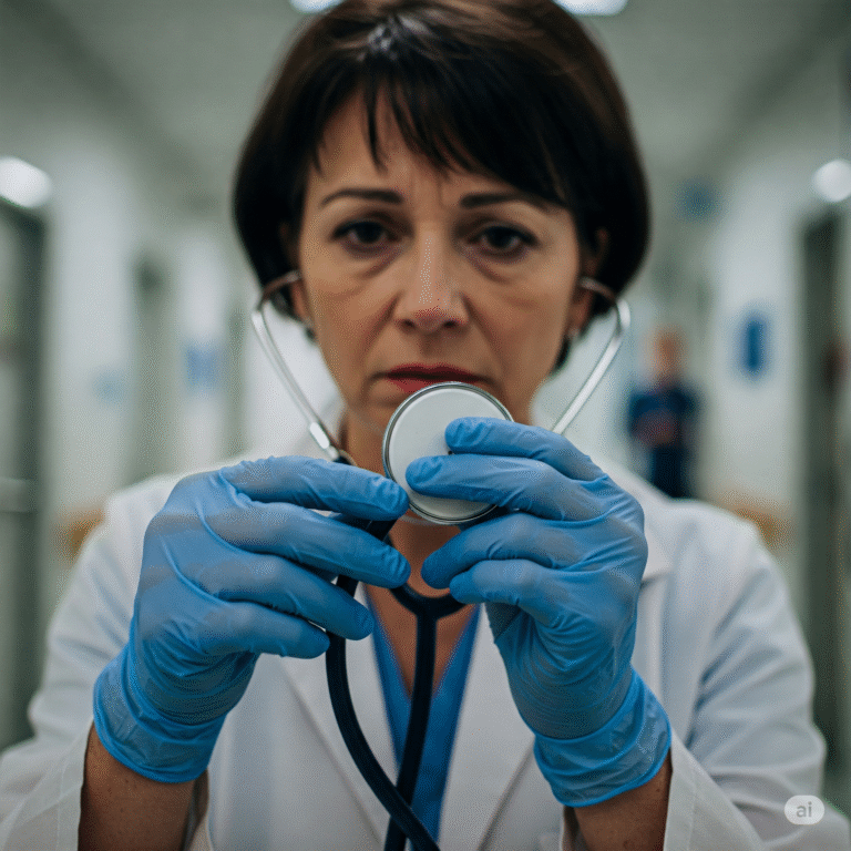 A imagem mostra um close-up das mãos de uma médica, usando luvas azuis, com sinais de exaustão e preocupação. Ela está segurando um estetoscópio de forma pensativa. O fundo está ligeiramente desfocado, mostrando um corredor de hospital movimentado ou uma sala de espera com pacientes. A iluminação é suave e transmite a seriedade da situação.