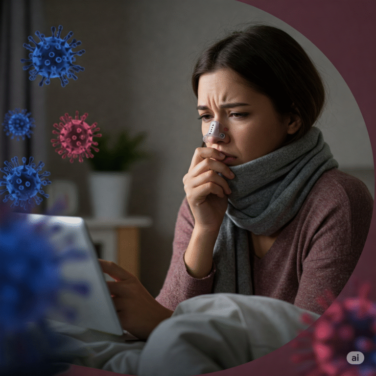 A imagem mostra uma pessoa com sintomas de gripe, como um lenço no nariz e uma expressão de mal-estar, em um ambiente doméstico aconchegante. Ela parece estar olhando para um termômetro, possivelmente preocupada com sua temperatura. Ao lado dela, grafismos sutis, quase abstratos, representam os vírus da gripe em tons de azul e roxo, criando uma atmosfera sutilmente ameaçadora. O símbolo de alerta, discreto porém presente, é um lembrete visual da gravidade da situação.