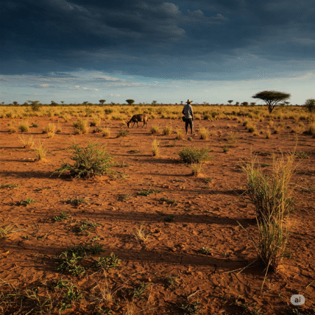 A imagem mostra o sertão baiano impactado pela seca, com o solo rachado em primeiro plano e a vegetação retorcida. Um céu azul intenso e um sol forte intensificam a aridez. Um agricultor, com seu chapéu de palha e olhar preocupado, observa o horizonte, e um bode magro busca alimento. A imagem foi criada com um estilo realista e tons quentes para mostrar a severidade da seca.
