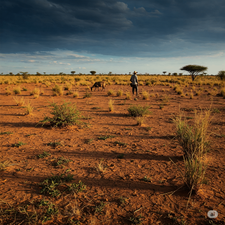 A imagem mostra o sertão baiano impactado pela seca, com o solo rachado em primeiro plano e a vegetação retorcida. Um céu azul intenso e um sol forte intensificam a aridez. Um agricultor, com seu chapéu de palha e olhar preocupado, observa o horizonte, e um bode magro busca alimento. A imagem foi criada com um estilo realista e tons quentes para mostrar a severidade da seca.
