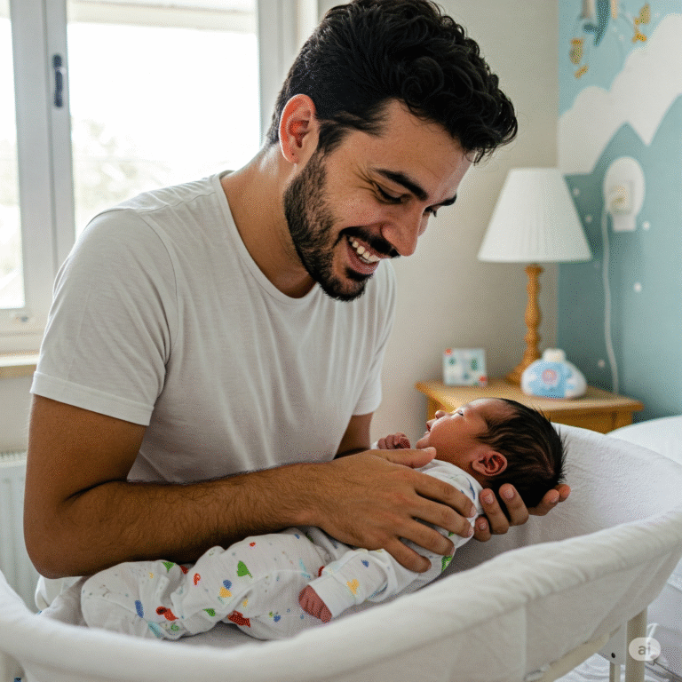 A imagem mostra um pai sorridente e carinhoso segurando seu bebê recém-nascido no colo, em um quarto aconchegante e bem iluminado. O foco principal é a interação entre o pai e o bebê, transmitindo afeto, cuidado e a importância do vínculo paterno.